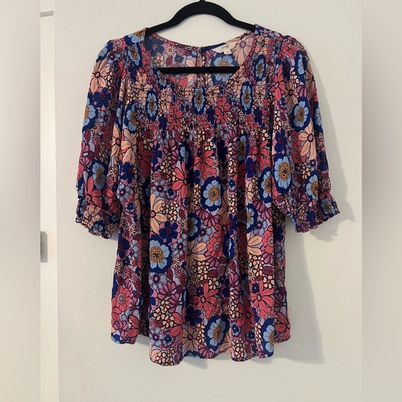 Terra & Sky Blue and Pink Ruffled 3/4 Sleeve Blouse size 1X (SKU-D-125) - Picture 1 of 10